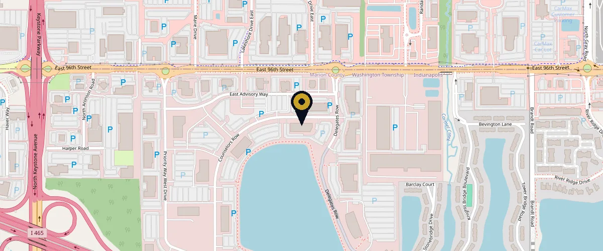 Map showing the Kavanagh Injury Law office at 9465 Counselors Row, Suite 200, Indianapolis